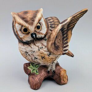 Vintage Porcelain Owl Figurine on Tree Stump |  Bird Collectible